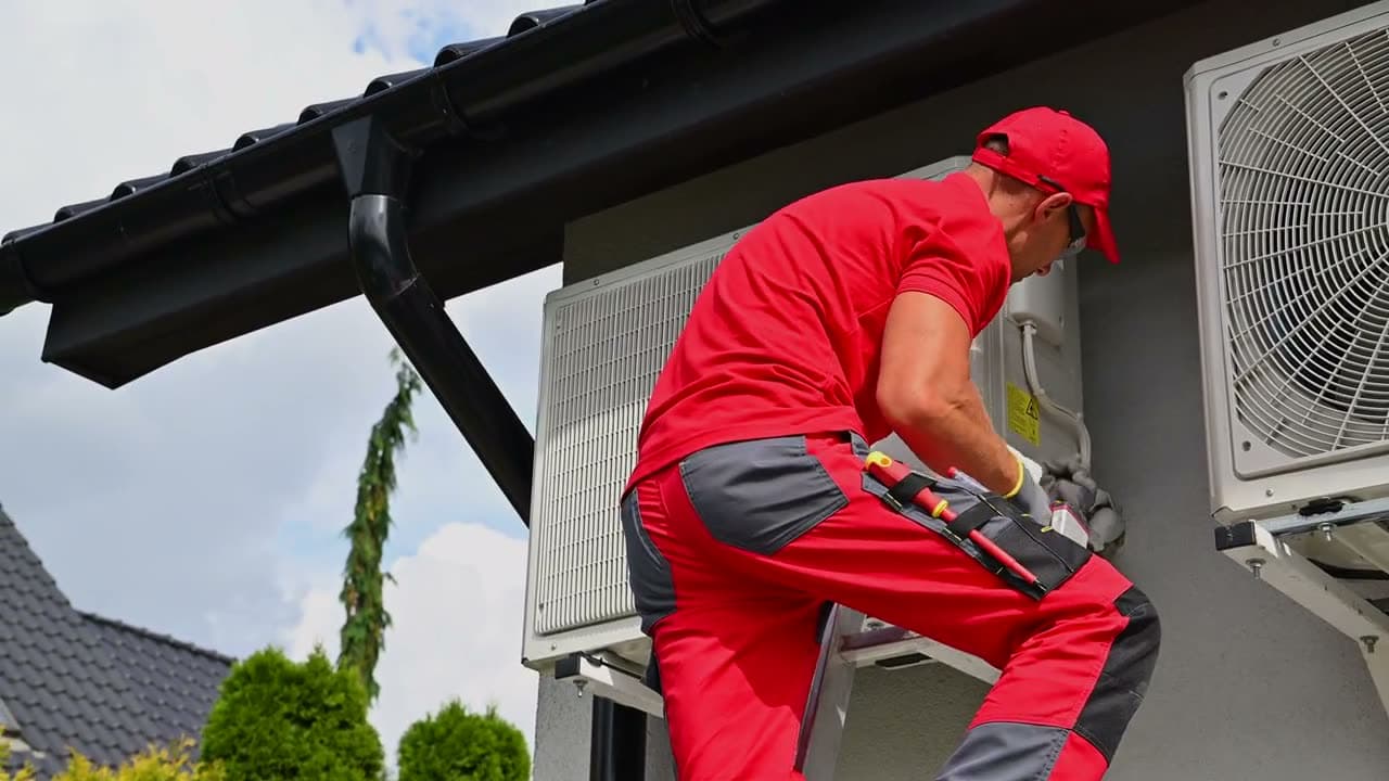 Technician on a ladder servicing outdoor AC units